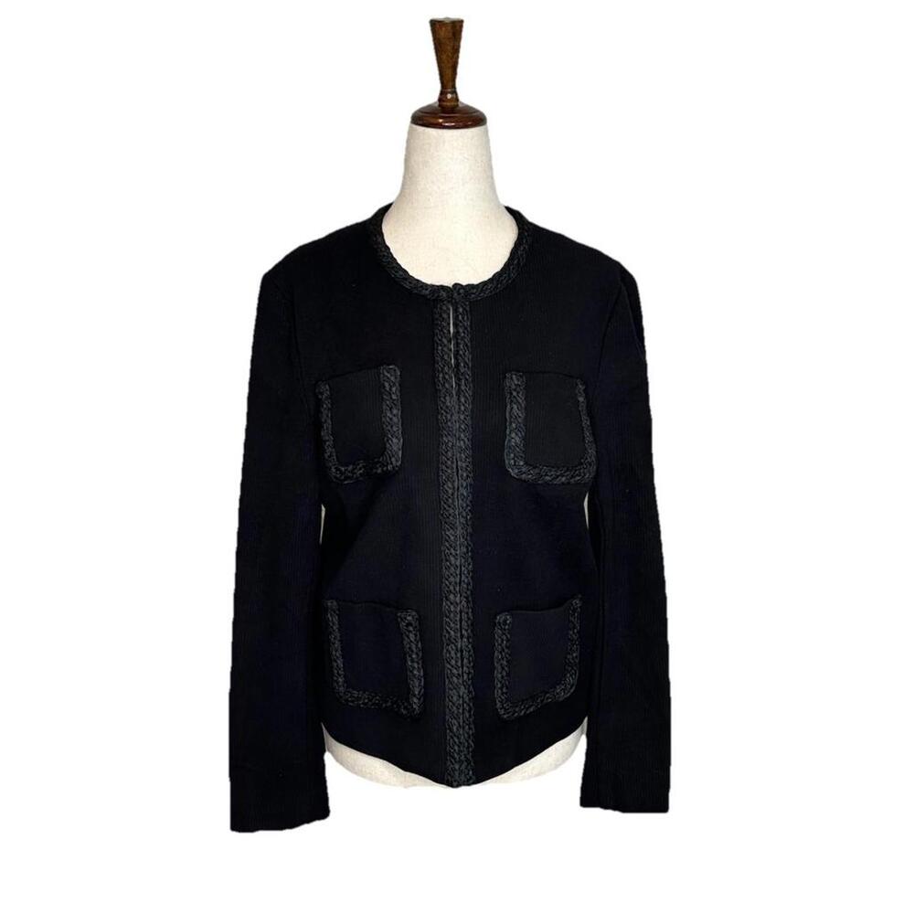 J McLaughlin Fanning Jacket Small Black Braided Trim Pockets Old Money Classic - Picture 2 of 10